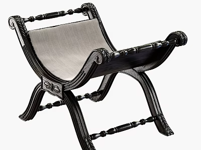 Elegant Single Chair With Black Carved Frame And Light Fabric Seat 3d model