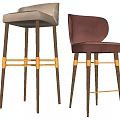 Two Beige And Burgundy Velvet Bar Stools With Wooden Legs And Brass Accents