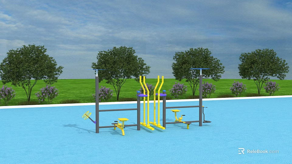 Outdoor Sports Equipment With Blue Floor Yellow Purple Fitness Gear Green Grass Trees And Purple Flower Bushes 3d model 