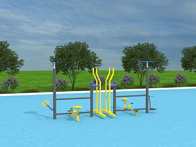 Outdoor Sports Equipment With Blue Floor Yellow Purple Fitness Gear Green Grass Trees And Purple Flower Bushes 3d model