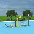 Outdoor Sports Equipment With Blue Floor Yellow Purple Fitness Gear Green Grass Trees And Purple Flower Bushes