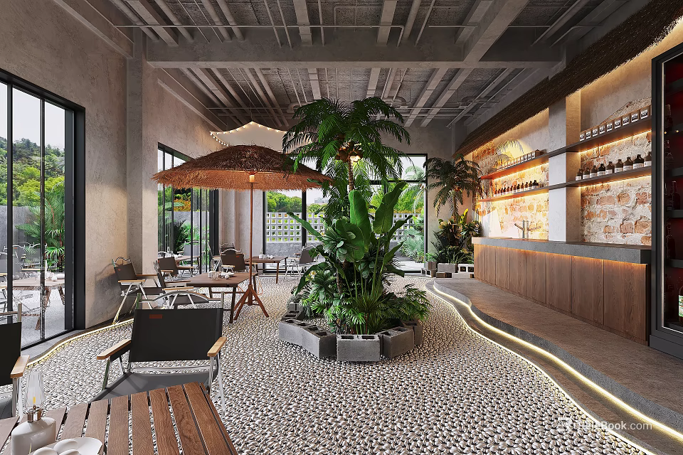Modern Restaurant Interior Design With Open Layout Green Plants Wooden Bar And Natural Light 3d model 