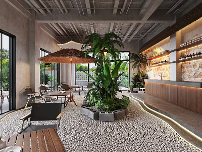 Modern Restaurant Interior Design With Open Layout Green Plants Wooden Bar And Natural Light 3d model
