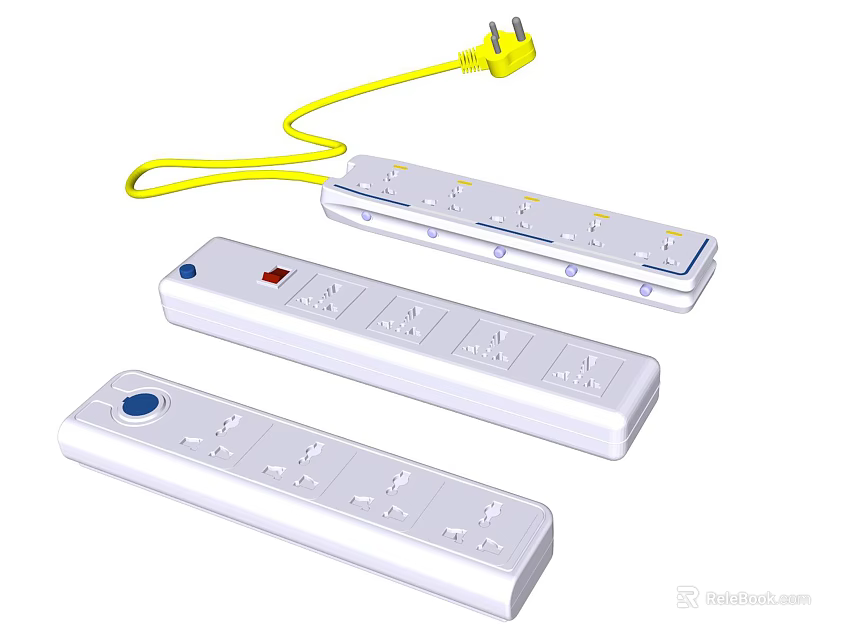 Three White Power Strips With Multiple Sockets On Off Switches And Yellow Power Cord 3d model 