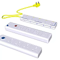 Three White Power Strips With Multiple Sockets On Off Switches And Yellow Power Cord