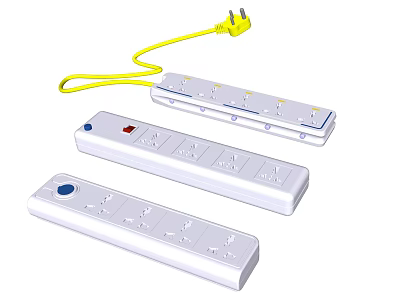 Three White Power Strips With Multiple Sockets On Off Switches And Yellow Power Cord 3d model