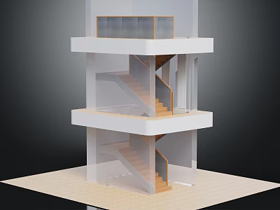 Modern Multi Level Building Model With Wooden Stairs And Glass Walls Tiered Platforms On Base 3d model