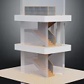 Modern Multi Level Building Model With Wooden Stairs And Glass Walls Tiered Platforms On Base