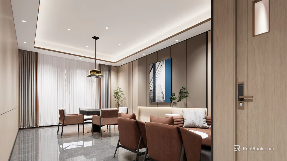 Elegant Modern Hotel Mahjong Room With Brown Chairs Sofa Plants Chandelier And Wall Painting 3d model 