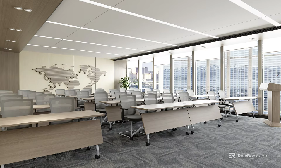 Modern Conference Room Interior With Tables Chairs Large Windows And World Map Decor 3d model 