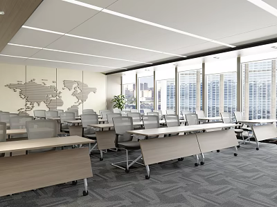 Modern Conference Room Interior With Tables Chairs Large Windows And World Map Decor 3d model