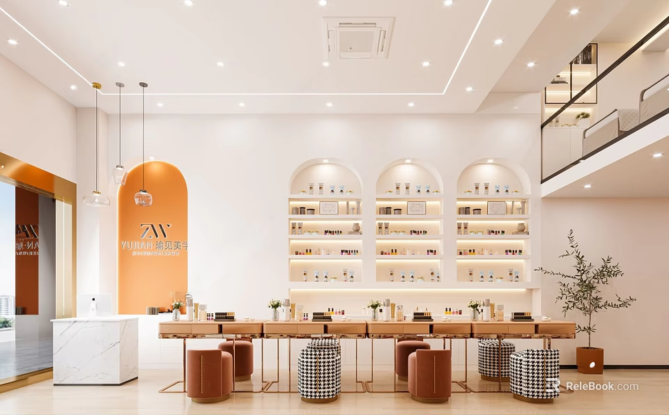 Bright Elegant Beauty And Hair Salon Interior Design With Tidy Product Displays And Comfortable Seats 3d model 