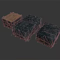 Open Wooden Crate With Slats And Two Covered Crates In Dark Cloth