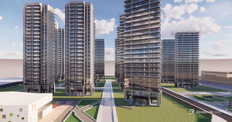 Modern High Rise Residential Buildings With Green Areas And Wide Roads Under Blue Sky 3d model 