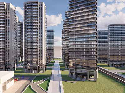 Modern High Rise Residential Buildings With Green Areas And Wide Roads Under Blue Sky 3d model