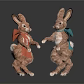 Plush Rabbit Stuffed Toys with Red and Green Bows Dancing on Reflective Surface 3d model