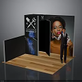 Modern Exhibition Booth Interior With Wooden Floor Black Walls Hair Styling Tools Icons And Model