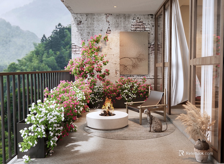 Cozy Home Balcony Design With Pink White Flowers Round Fire Pit Chair And Mountain View 3d model 