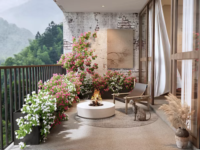 Cozy Home Balcony Design With Pink White Flowers Round Fire Pit Chair And Mountain View 3d model