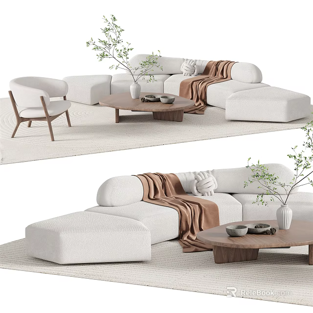 Modern White Sofa and Wooden Coffee Table Set With Brown Throw Blanket Vase and Plant 3d model 