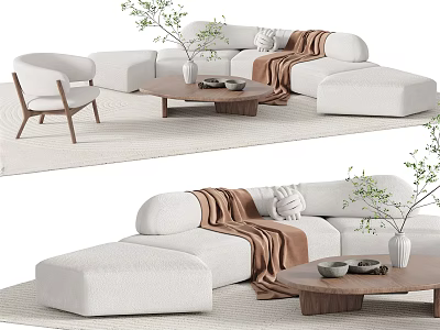 Modern White Sofa and Wooden Coffee Table Set With Brown Throw Blanket Vase and Plant 3d model