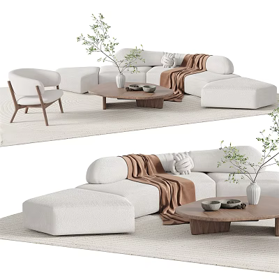 Modern White Sofa and Wooden Coffee Table Set With Brown Throw Blanket Vase and Plant 3d model