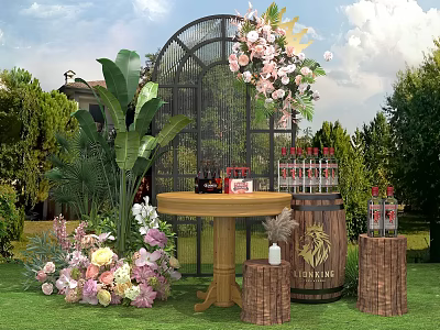 Outdoor Photo Check In Spot With Metal Arch Flowers Plants Wooden Table Barrels On Lawn 3d model