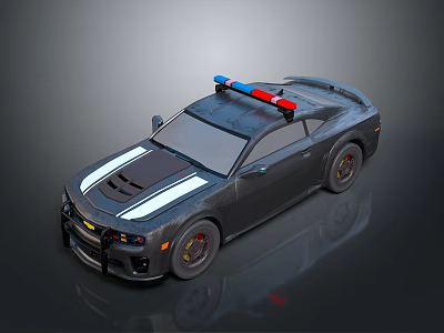 Gray Muscle Police Car With Red Blue Emergency Lights And White Stripes 3d model