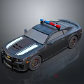 Gray Muscle Police Car With Red Blue Emergency Lights And White Stripes