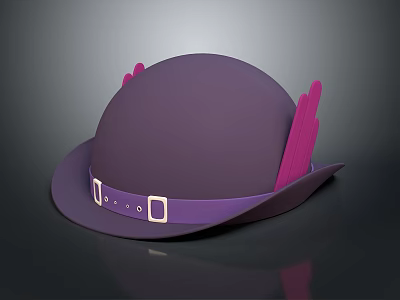 Stylish Purple Hat Adorned with Pink Feathers and Purple Strap featuring White Buckles 3d model