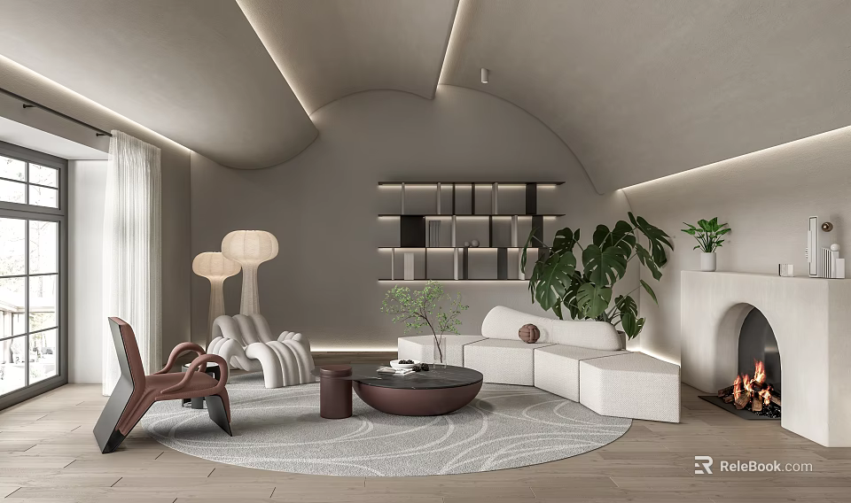 Modern Living Room Interior With Curved Ceiling White Sofa Wooden Chair Green Plant And Fireplace 3d model 