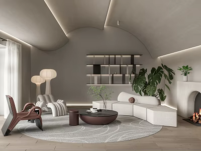 Modern Living Room Interior With Curved Ceiling White Sofa Wooden Chair Green Plant And Fireplace 3d model