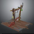 Artistic Wooden Equipment Setup With Hanging Green Lanterns Red Parts And Platform Base