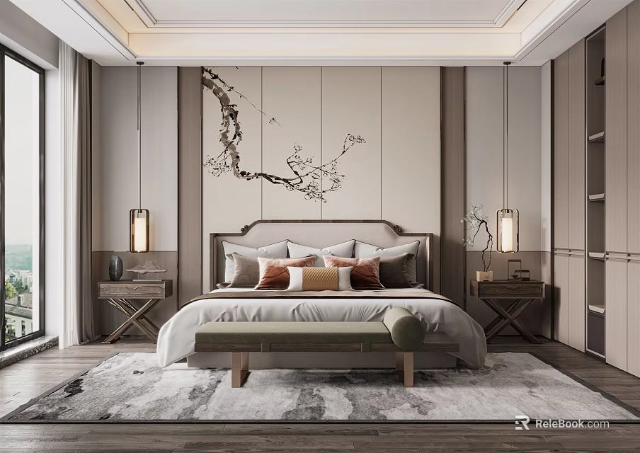 Modern Elegant Bedroom With Plum Blossom Branch Decor Table Lamps Bench And Large Window Rug 3d model 