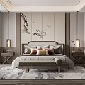 Modern Elegant Bedroom With Plum Blossom Branch Decor Table Lamps Bench And Large Window Rug