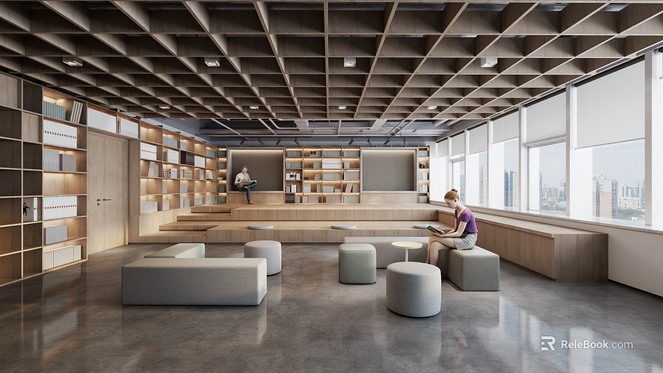 Book Art Contemporary Library Interior Featuring Wooden Shelves Grille Ceiling Bright Lighting and Seating 3d model 
