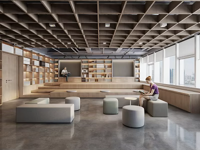 Book Art Contemporary Library Interior Featuring Wooden Shelves Grille Ceiling Bright Lighting and Seating 3d model