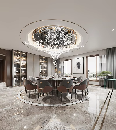 Elegant Modern Restaurant Interior With Round Dining Table Chairs Chandelier Display Cabinets Windows And Plants 3d model