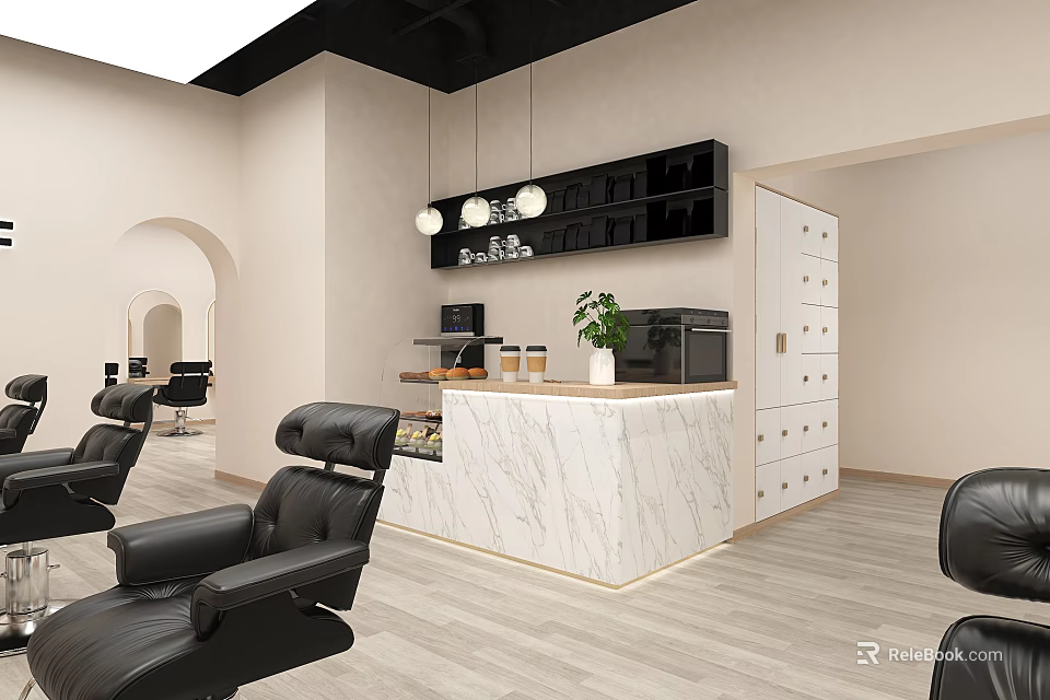 Modern Beauty Hair Salon Interior With Black Leather Chairs Marble Counter And Hanging Lights 3d model 