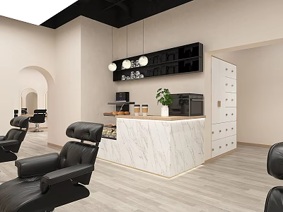 Modern Beauty Hair Salon Interior With Black Leather Chairs Marble Counter And Hanging Lights 3d model