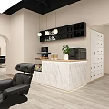 Modern Beauty Hair Salon Interior With Black Leather Chairs Marble Counter And Hanging Lights