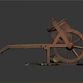 Ancient Wooden Siege Engine Catapult With Wheels Gears Levers And Fallen Leaves On Platform
