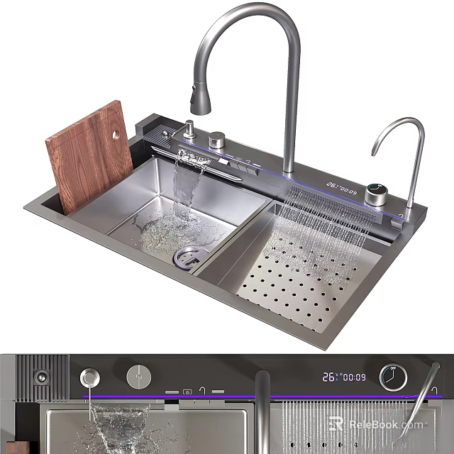 Stainless Steel Kitchen Sink With Running Water Faucet Drainboard And Wooden Chopping Board 3d model 