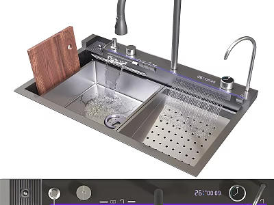 Stainless Steel Kitchen Sink With Running Water Faucet Drainboard And Wooden Chopping Board 3d model