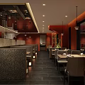 Warm Orange Wall Restaurant Interior With Booth Seating Lighting Fixtures And Dark Flooring