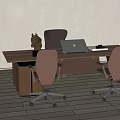Modern Wooden Office Desk With Laptop Horse Figurine And Brown Gray Chairs