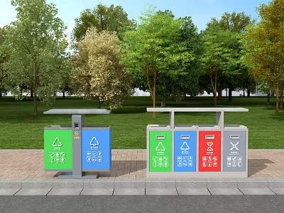 Public Facility Sorted Trash Bins With Colorful Classification Signs In Park Green Area 3d model