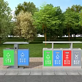 Public Facility Sorted Trash Bins With Colorful Classification Signs In Park Green Area