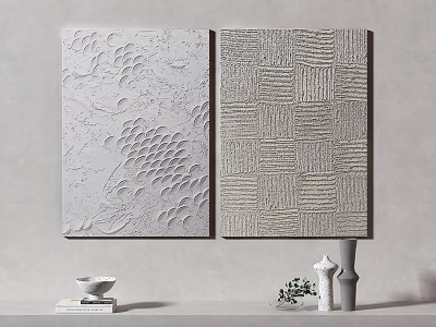 Abstract Paintings With Textured Surfaces Honeycomb And Grid Patterns Neutral Tones On Wall 3d model