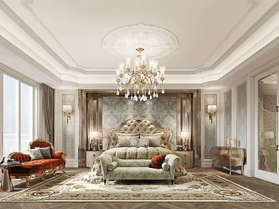Luxurious Bedroom Interior Design With Chandelier King Bed Velvet Armchair And Area Rug 3d model